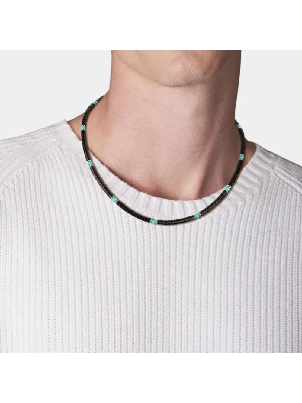 Men's Adjustable Beaded Necklace, Turquoise & Black Onyx Heishi Beads, 20-22